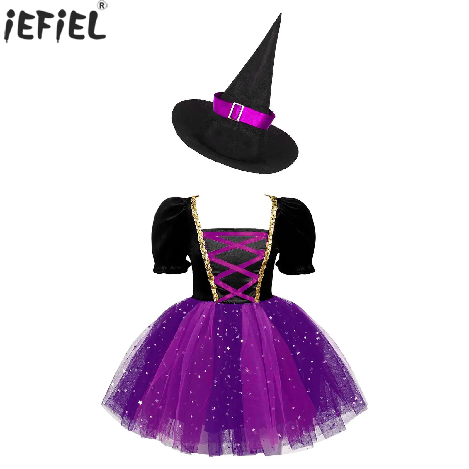 

Kids Girls Witch Costume Halloween Cosplay Carnival Party Dress Up Performance Bubble Sleeve Glittery Mesh Tutu Dresses with Hat