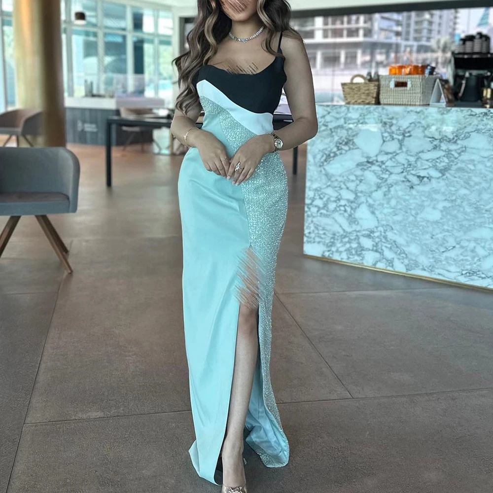 Customized Temperament  Contrast Color Crystal Strapless Floor Length Side Slit Straight Satin Spaghetti Straps платье вечернее