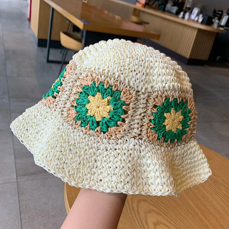 VISROVER Handwoven Raffia Straw Rainbow Sun Hat for Ladies Summer Vacation Beach Colorful Hat Foldable Beach Hats Women Sun Hats