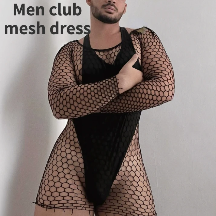 Men club mesh dress Fetish Lingerie Guy Erotic Sissy babydolls Sexy Men\'s Nightwear Male Porn Underwear Jupe de nuit pour hommes