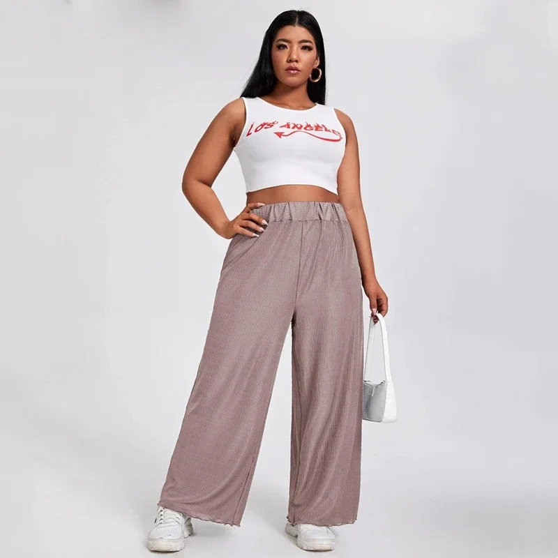 Plus Size Elastic Waist Summer Elegant Wide Leg Pants Women Sałata Trim Loose Casual Straight Pants Trousers Plus Size Bottoms