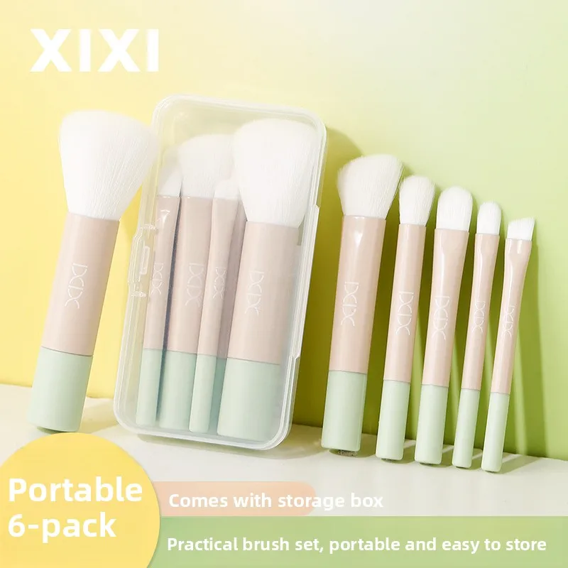 루스 파우더 파운데이션 블러쉬 컨투어 하이라이트 코, 미니 초보자 여행 키트를위한 6Pcs 휴대용 페이스 메이크업 브러쉬 세트