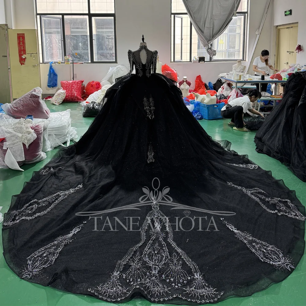 Turtle Black Customizable Long Sleeves Lace-Up Keyhole Back Evening Gown Crystal Beading Luxury Dress For Special Occasions