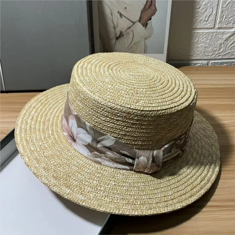 New elegant and stylish wide-ribbon hat for women flat top