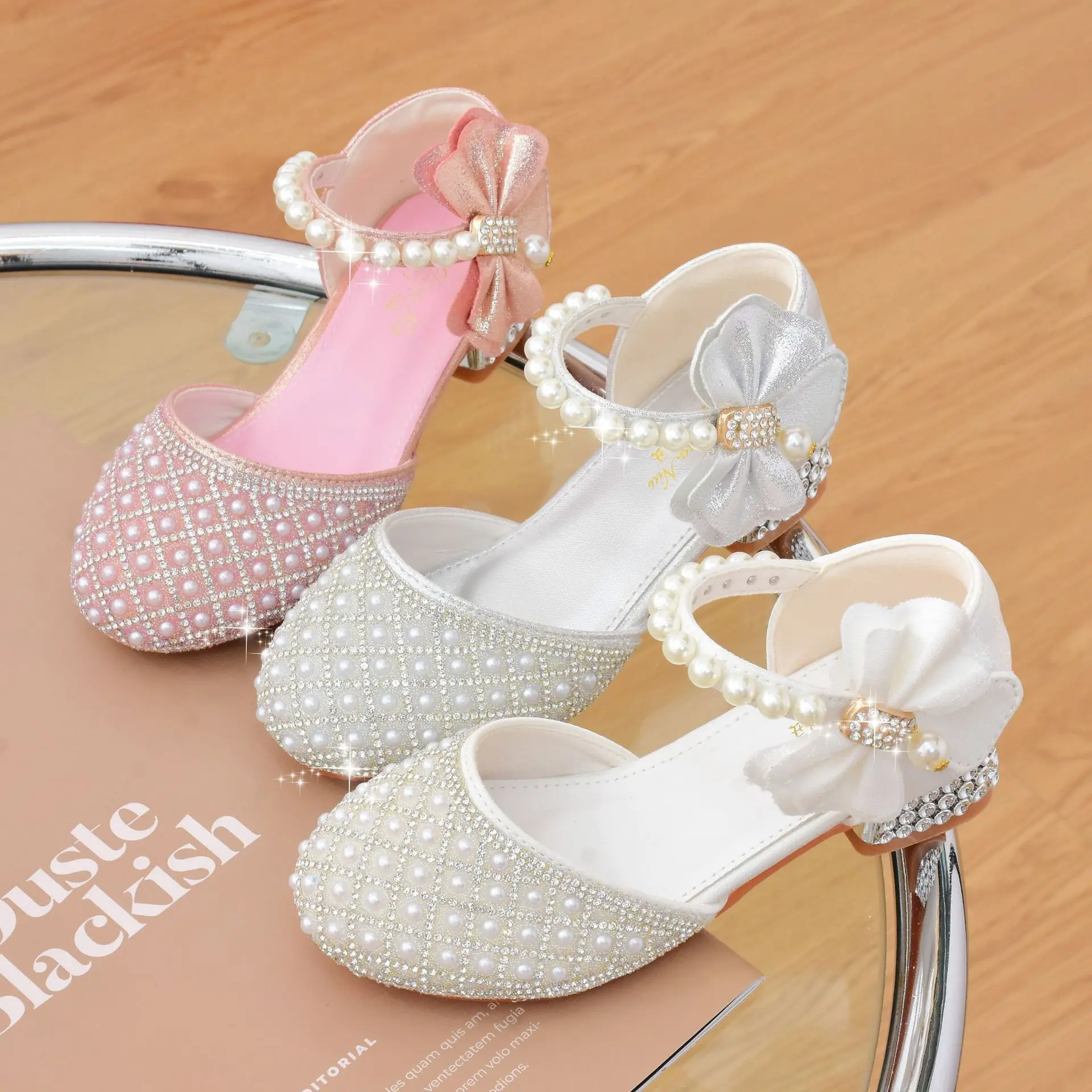 Rhinestones Princess Party Shoes Shiny Crystal Bow White Children High Heels Girls Sandals Summer Kids Student Performance Shoes