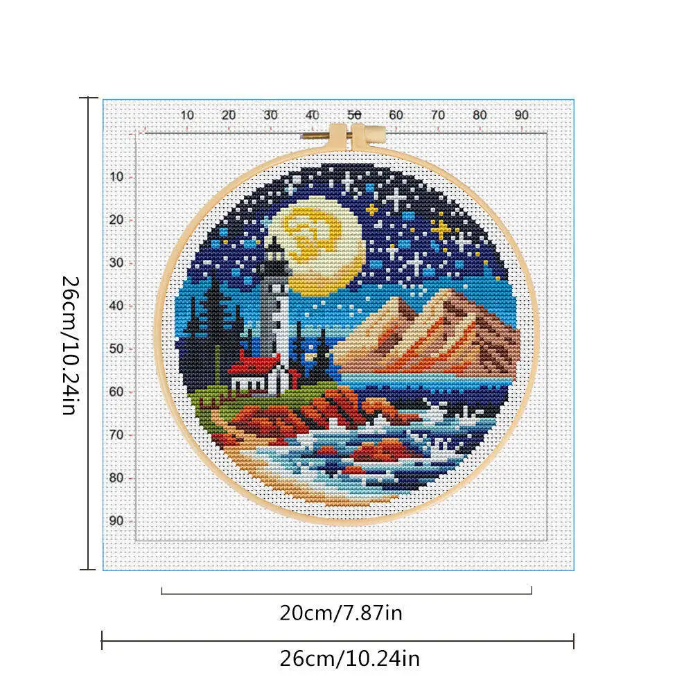 Cross Stitch Lighthouse Sea Moon DIY Embroidery Landscape Scenery Mountain Material Package Hoop Kit Handmade Gift