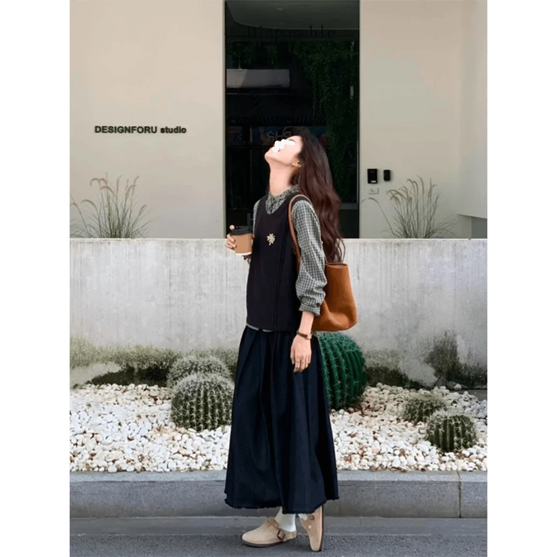 가을 신상 예술적 슬레 드 티피스 세트 레트로 스위트 하이엔드 에이지 디파이닝 패셔너블 여성용 롱 스웨터