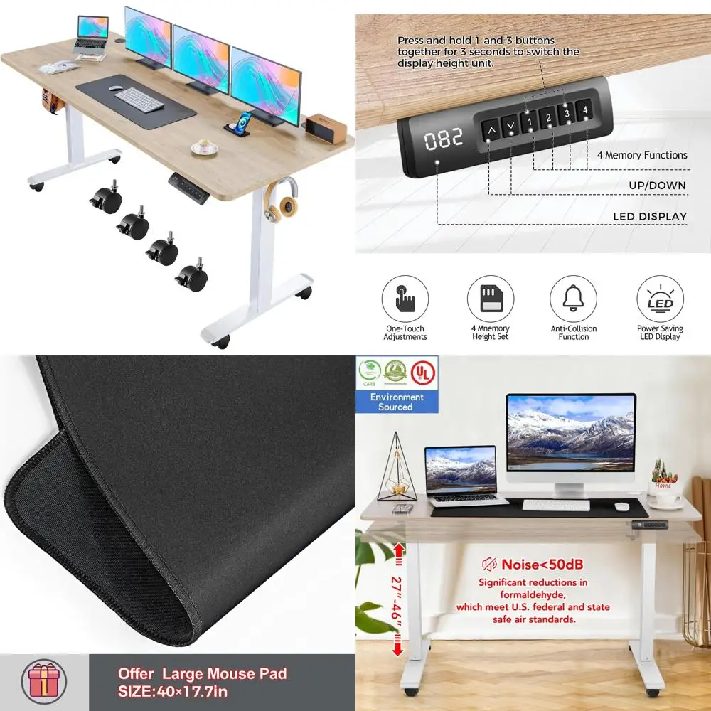 Scrivania elettrica regolabile con ruote, scrivania Sit-Stand a doppia traversa 63 x 24, tappetino per mouse incluso, altezza 27-46