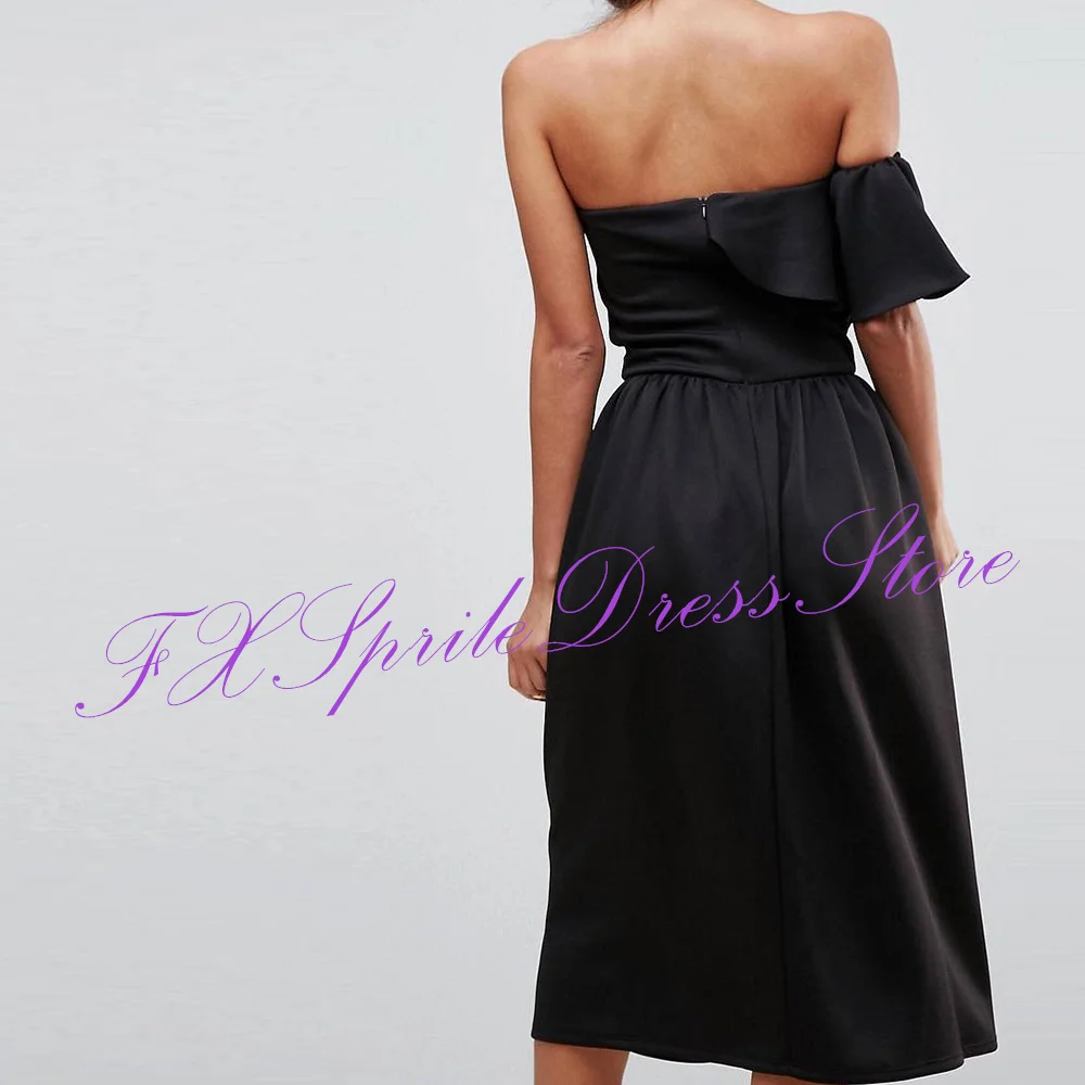 CustomizedOne Shoulder Black Straight Tea Length Evening Dress Simple Jersey Short Sleeves Pleats Saudi Arabia Bespoke Occasion 