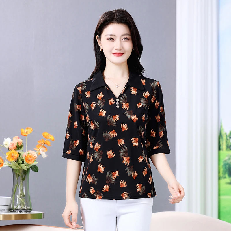 قميص صيفي نصف كم، بلوزات نسائية فضفاضة بأزرار مطبوعة من الحرير الجليدي #4