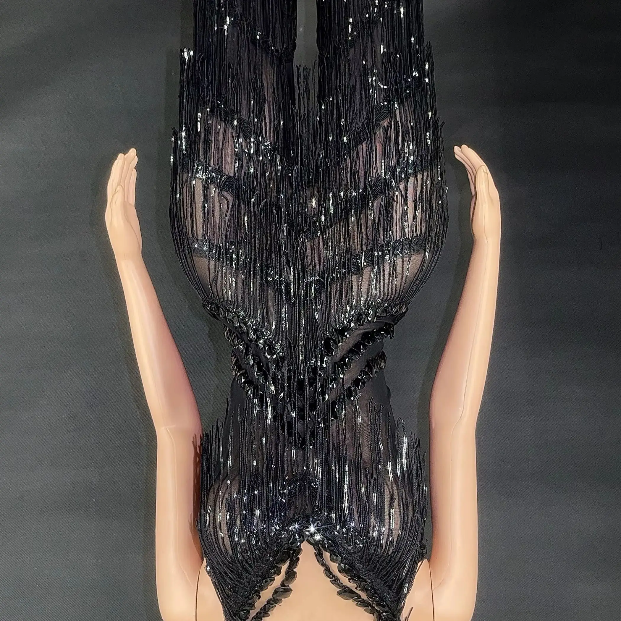 

Black Rhinestones Sequined Party jumpsuit Sexy Night Party club Outfit Show Singer Stage Perform Costume