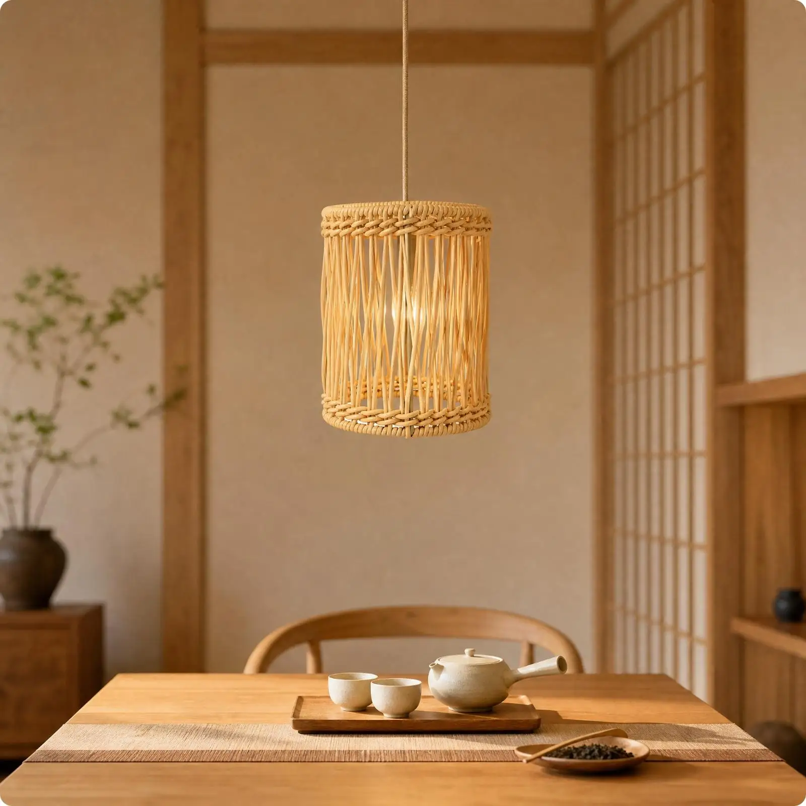 Handwoven Rattan Lampshade for Hanging Pendant Light Cylindrical Woven Shade Indoor Decor