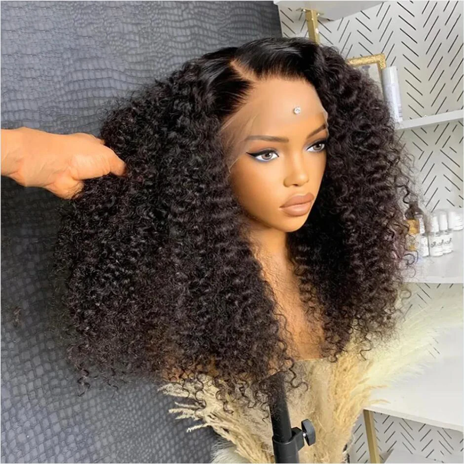 

26Inch Soft Natural Black Long 180Density Kinky Curly Lace Front Wig For Women BabyHair Heat Resistant Preplucked Daily Glueless