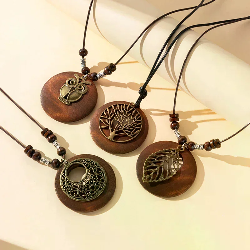 Retro Wooden Leaf Owl Long Sweater Chain Ethnic Round Necklace Women Clock Pendant Female Jewelry Neck Accessories Gifts Collar