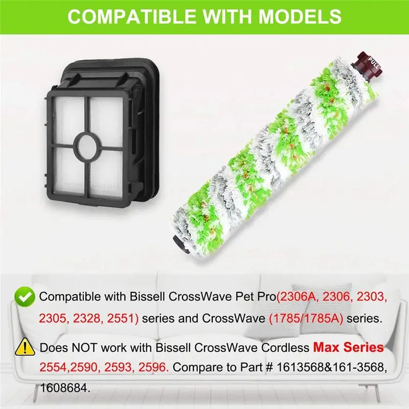 AT14 3 Pack 2460 Brush Rolls + 1866 Vacuum Filters Replacement For Bissell Crosswave Pet Pro 2306A & Crosswave 1785 Series