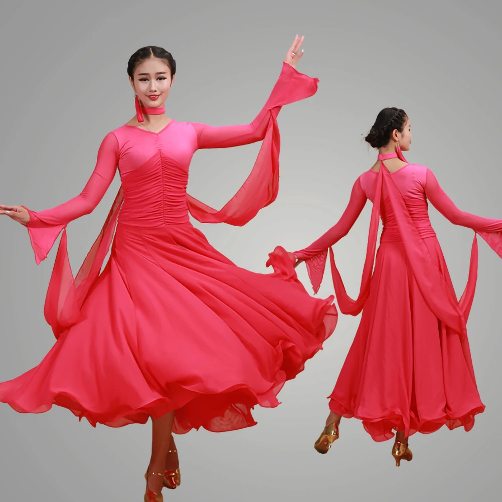 Strój na zawody taneczne, standardowy, z siateczki i wstążek, sukienka do tańca towarzyskiego z długim rękawem, sukienka do walca z dekoltem w serek, kostium do flamenco.