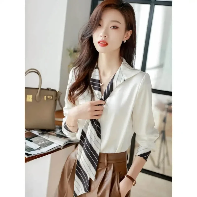 Temperament Solid Color Blouse Spring Autumn New Long Sleeve Loose Bow White Elegant Shirt Tops Fashion Vintage Women Clothing