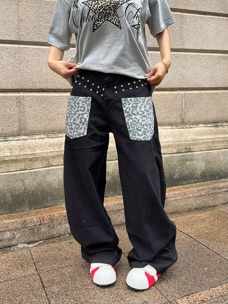 Calças Jeans Retro com Estampa de Leopardo em Patchwork, Estilo High Street, Jeans Largos e Soltos até o Chão para Homens e M...