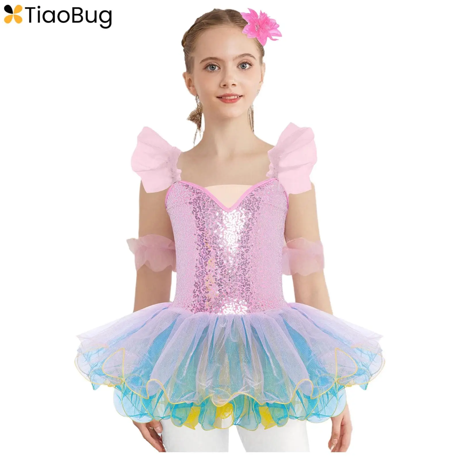 Ballett-Tanzkleid für Mädchen, Rüschenärmel, verstellbare Träger, glänzende Pailletten, Mieder, mehrlagiges Tüll-Tutu-Kleid + Kopfbedeckung + Manschetten-Set