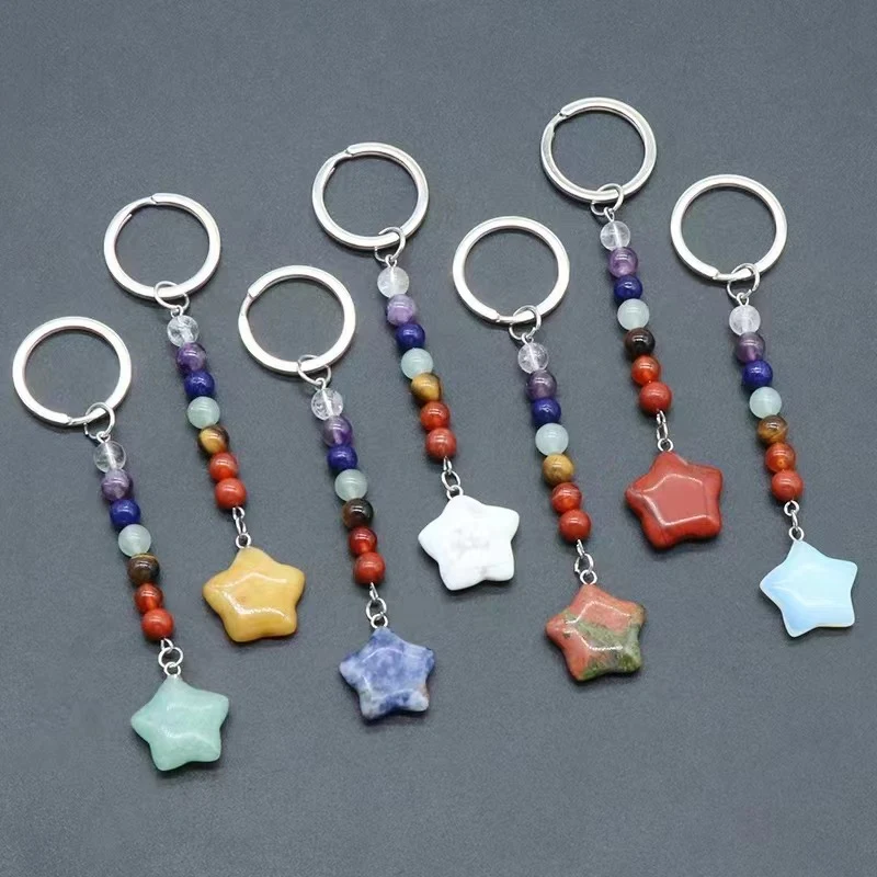 Natural crystal five pointed star luggage pendant diy keychain for sale