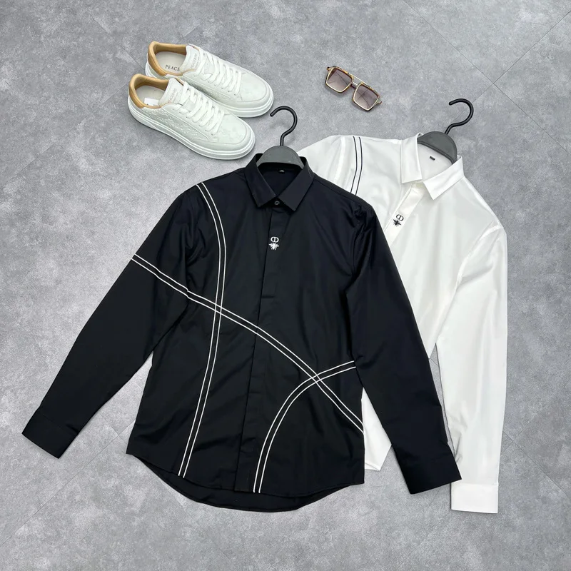 

Faionable Bee Embroidery Long Sve irt Casual Busin Sle for Young Men Spring Autumn Cotton Blend Slim Fit irt