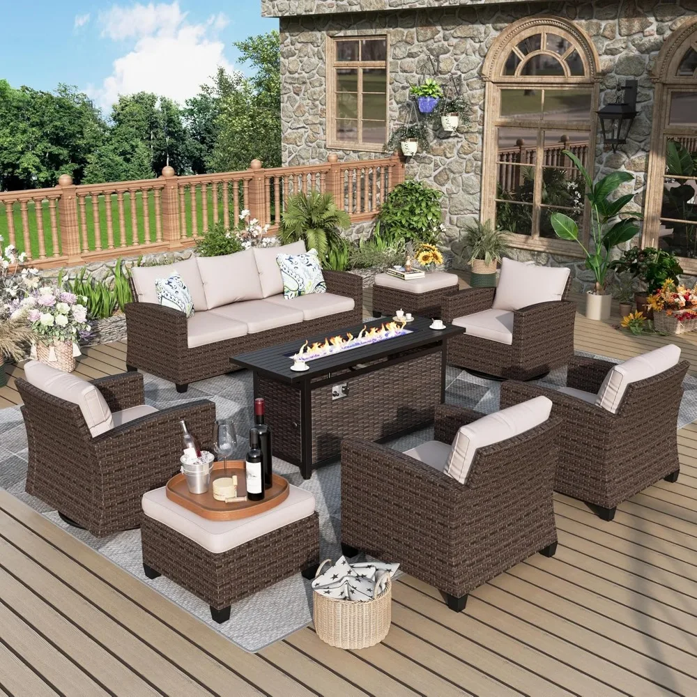 

Patio Furniture Set, 8 Pcs Wicker Outdoor Conversation Set, 2 X Swivel Chairs,2 X Leg Chairs, 1 X 3 Seater Sofa