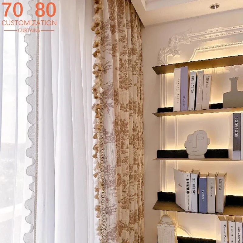 Cream Jacquard Crimped Tassel Lace Retro Curtains for Living Room Bedroom French Window Balcony Window Customized Tulle