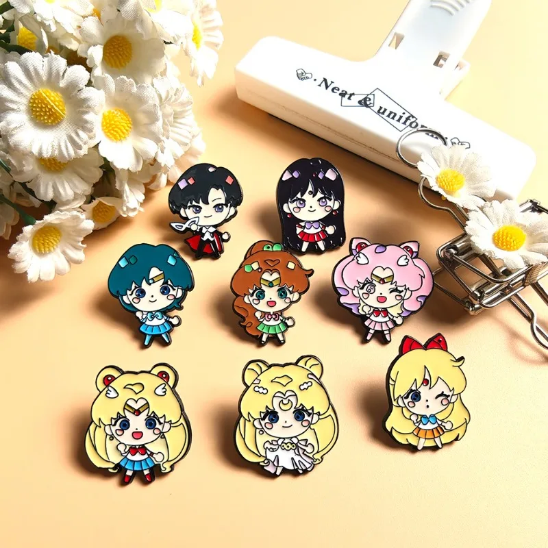 8pcs Cute Classic Anime Girl Warrior Series Broochs Water Ice Moon Rabbit Badges Clothes Student Backpack Decoration Accessories