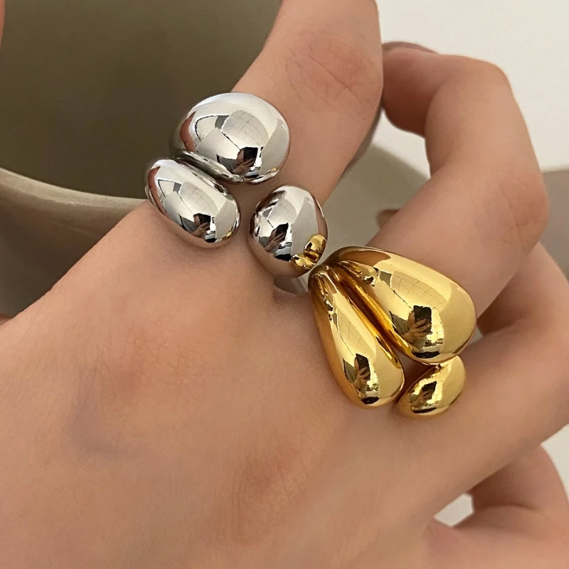 ANENJERY Silver Color Asymmetric Water Droplets Rings for Women Simple Fashion Open Golden Ring Korean Design Jewelry