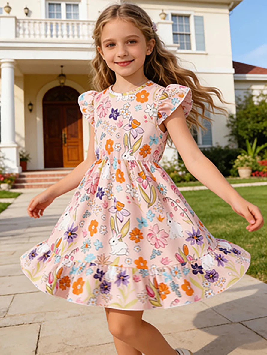 Oster-Hasen-Blumenkleid für Mädchen, Sommerkleid mit Flatterärmeln und A-Linien-Prinzessinnenrock, Süßes Kinder-Urlaubskleid – Detail 5