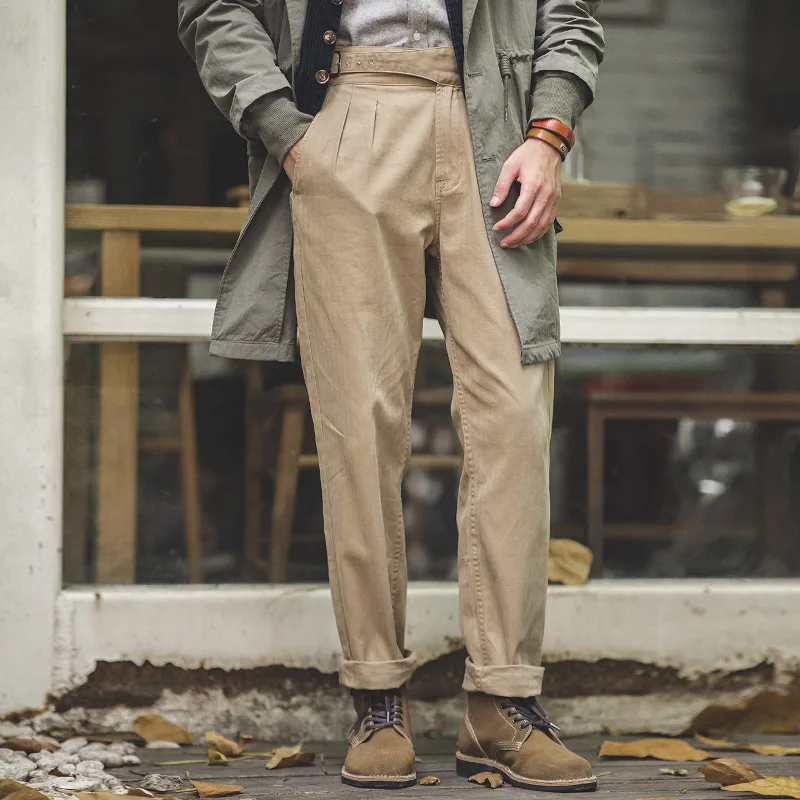 Maden Vintage Adjustable High Waist Gurkha Pants Men\'s Casual Double Pleated Straight Tapered Pants Amekaji Cotton Trousers