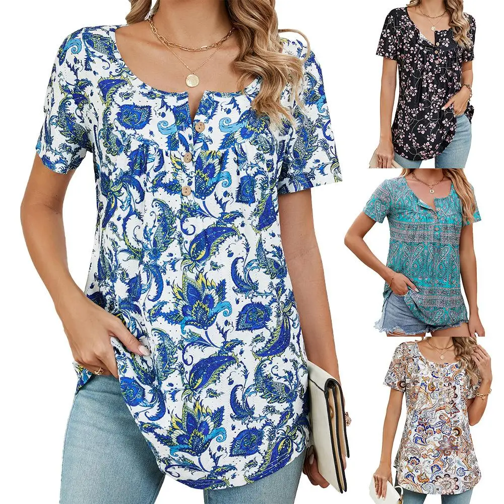 

Womens Summer Half Open Collar Buttons Blouse Casual Splicing Flower Print Pullover Shirts Loose Fit Short Sleeve T Shirt