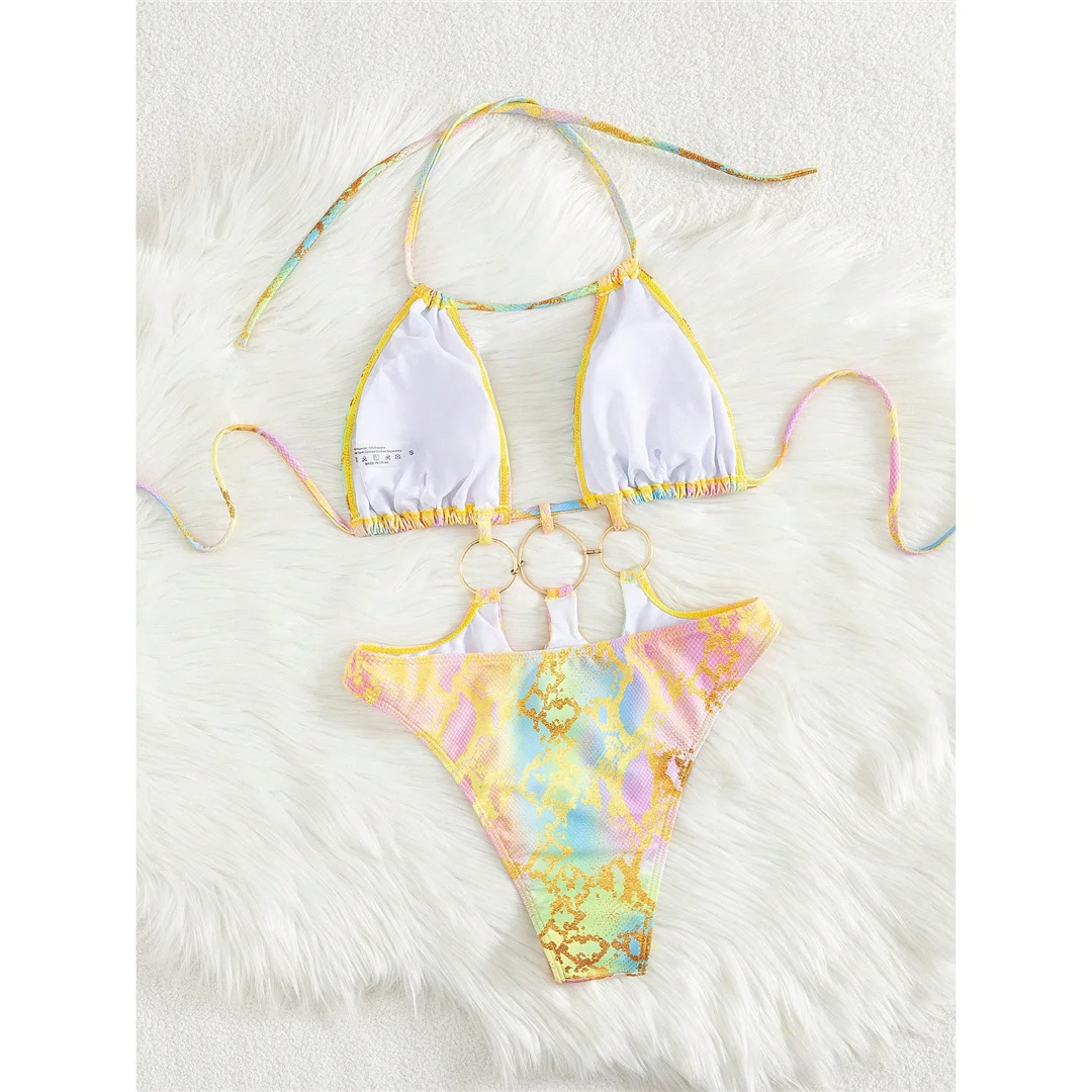 S - XL, bedruckter Badeanzug mit Metallringen, einteiliger Badeanzug für Damen, Damen-Badebekleidung, Monokini, hoher Beinausschnitt, Badeanzug, Badebekleidung, Modell V7721. – Detail 4