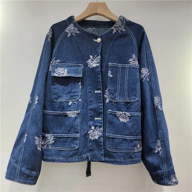 

Spring Women Dark Blue Denim Jacket Vintage Flower Embroidery Multi-Pocket Round Neck Long Sleeve Jeans Jacket Chaqueta Mujer