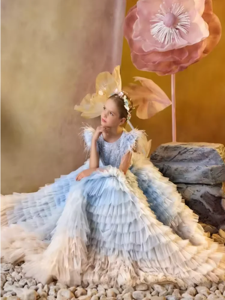 فساتين فتاة الزهور لحفلات الزفاف ذات طبقات مزينة بالريش الرائع للأطفال والمناسبات الرسمية والحفلات المسائية حسب الطلب #5
