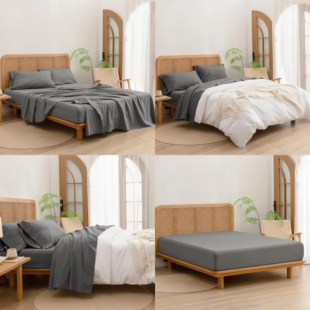 

Комплект постельного белья из 4 предметов, 100% хлопок с добавлением льна, комфортный, стильный, легкий, однотонный серый, размер Queen
