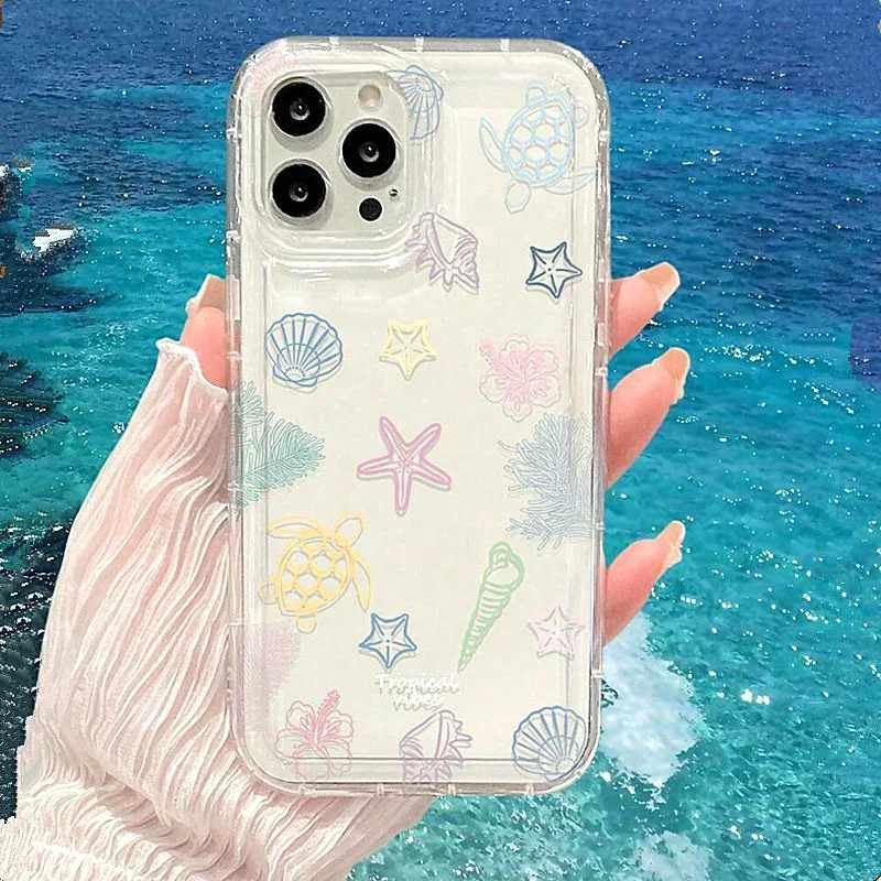Ocean Shell Turtle Print Clear Soft Phone Case for IPhone 16 14 15 11 12 13 Pro Max 7 8 Plus SE 2022 XR X XSMAX Shockproof Cover