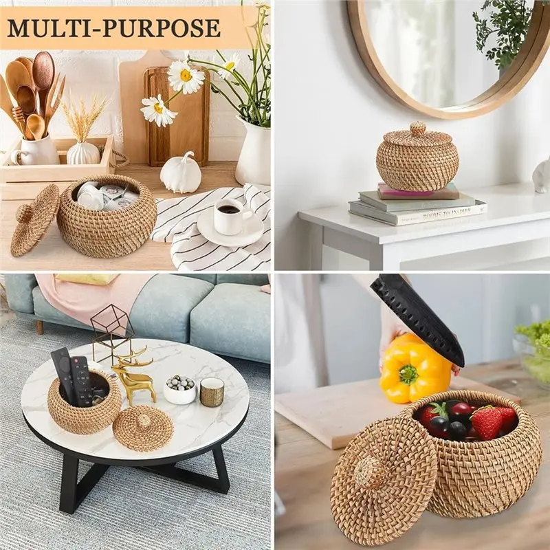 【LIMITED TIME DISCOUNT】Round Rattan Basket With Lid, 6.3" X 5.5", Small Decorative Box In Hand-Woven Wicker For Entryway& Picnic view 5