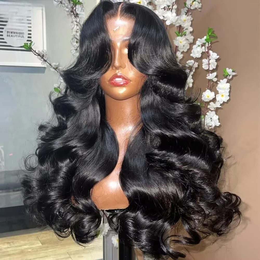 Black Wig Long Body Wave Lace Front Wigs Middle Part 13x4 Hd Heat Resistant Glueless Synthetic Ready to Wear with Tiny Knots