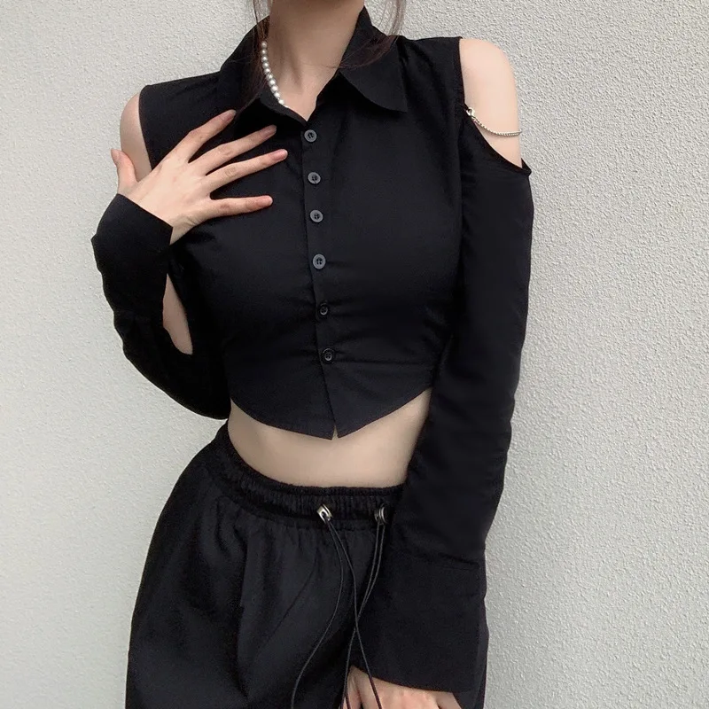 WhereMery OL Sexy Off Shoulder Black Blouse Polo-neck Button Cardigan Crop Tops Women Formal Occasions Long Sleeve Slim Clothes