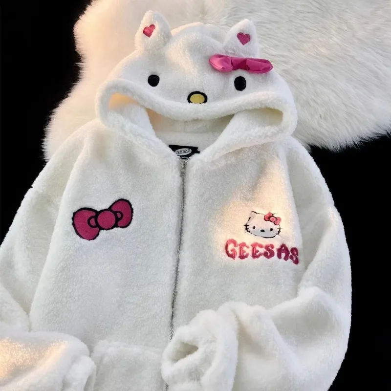 Original Sanrio Cute Hello Kitty Lamb Wool Coat Girl Student Winter Loose Plush Thickened Warm Cotton Coats Winter Clothes Women