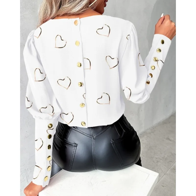 Autumn Women\'s Commuter T-shirt Fashion Solid Color Heart Print T-shirt Long Sleeved Round Neck Decorative Button T-shirt