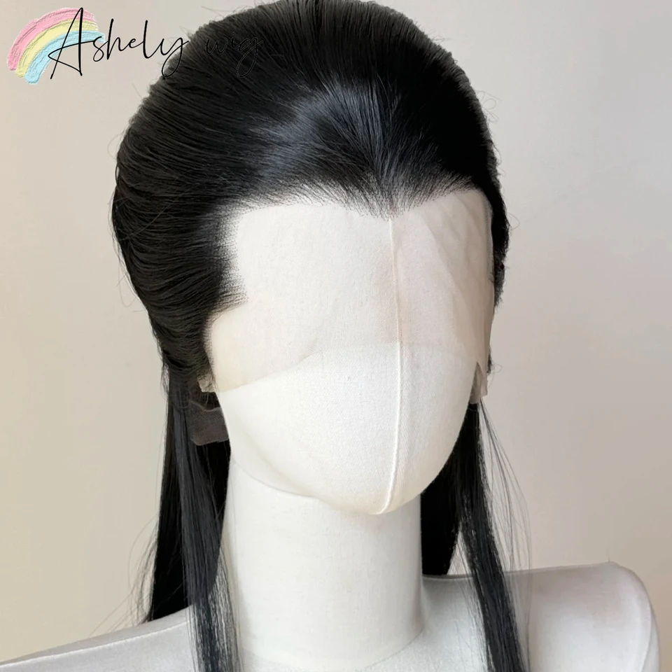 Peluca de encaje frontal negra Ashley con pico de viuda, 26 pulgadas, 13*4, sintética, lacia, resistente al calor, para cosplay