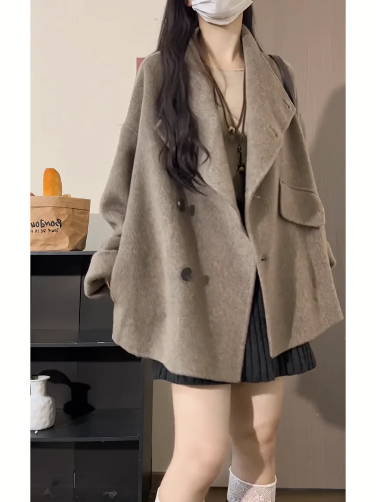 

Ele шерстяное пальто с большим воротником, женское осенне-зимнее свободное пальто Hepburn Sle в Корейском стиле, длинное пальто из полиэфирного волокна