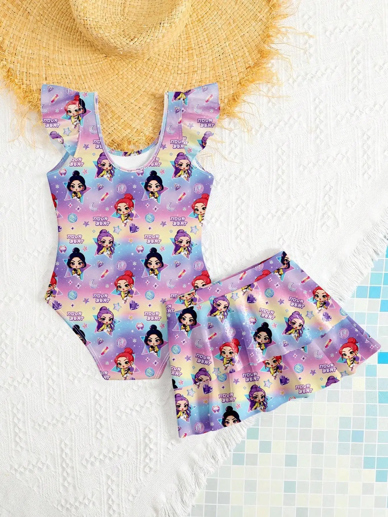 Girls' Summer Casual Swimwear, Children's Full-Print Swimsuit Set, Girls' Cartoon Character Print One-Piece Swimsuit + Cute Ruffle Skirt, Suitable for Girls over 3 Years Old to Wear at the Beach or Pool
