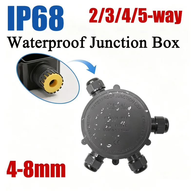 IP68 Round Waterproof Junction Box 2/3/4/5-way 24A/450V Outdoor LED 4-8mm Wire Diameter 1-6-way External Electrical Terminals