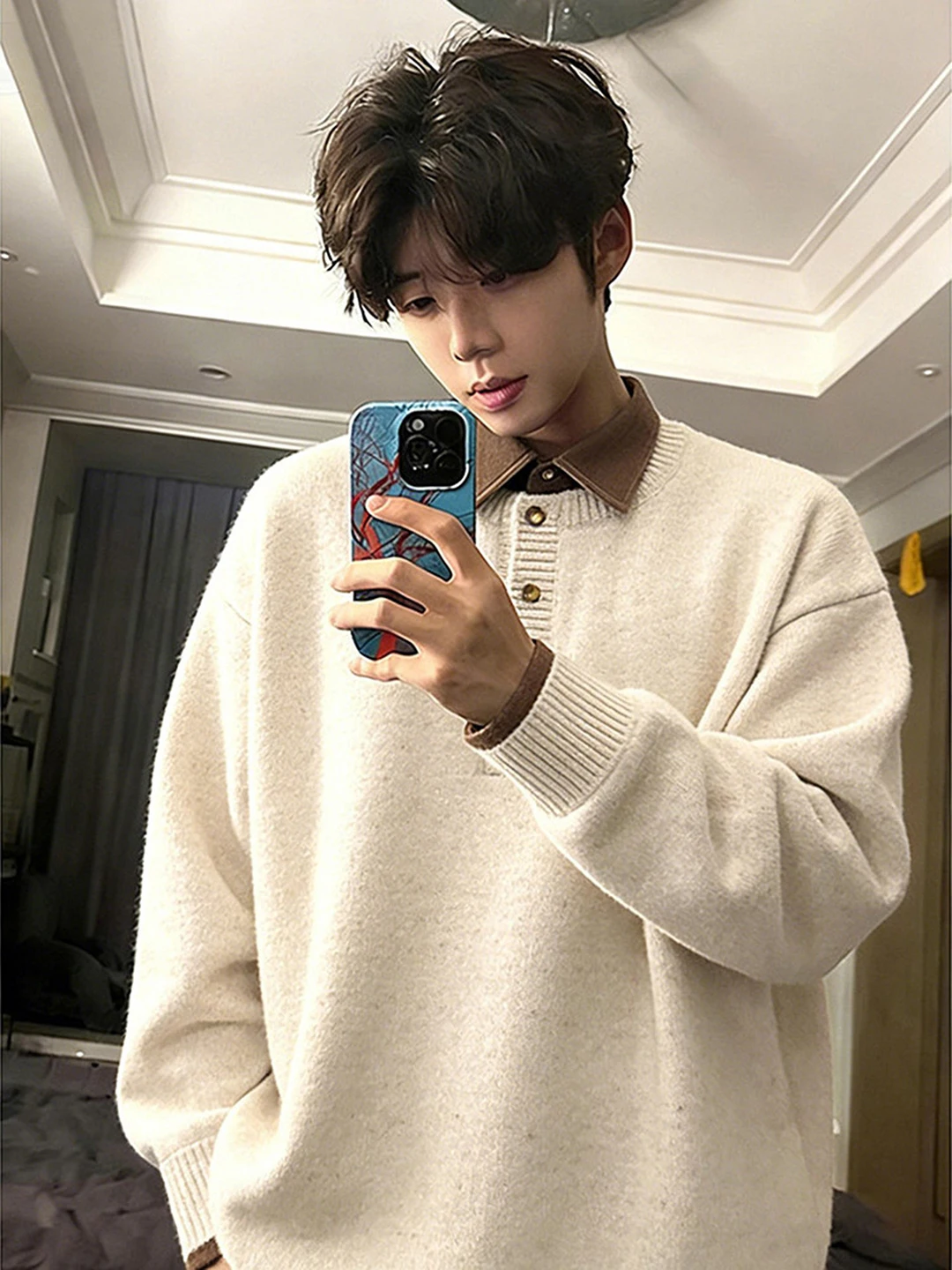 

Мужской свитер цвета хаки на осень-зиму, мягкая трикотажная рубашка с эффектом двухслойности, свободный крой, на пуговицах, с длинными рукавами