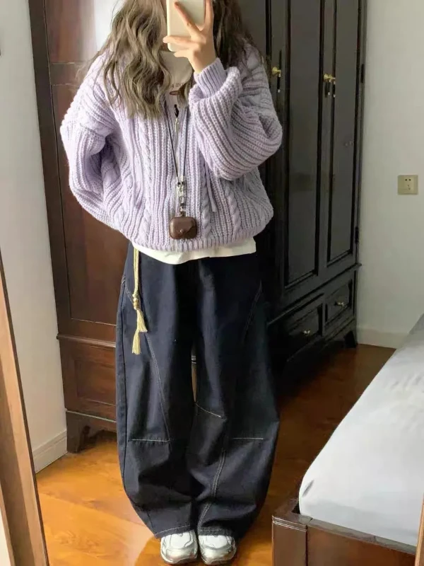 

Loose Fit Long Sve Knitted Sweater Women's Casual Sle Hooded Zipper Fce Autumn New Arrival Faion Lazy Sle Top