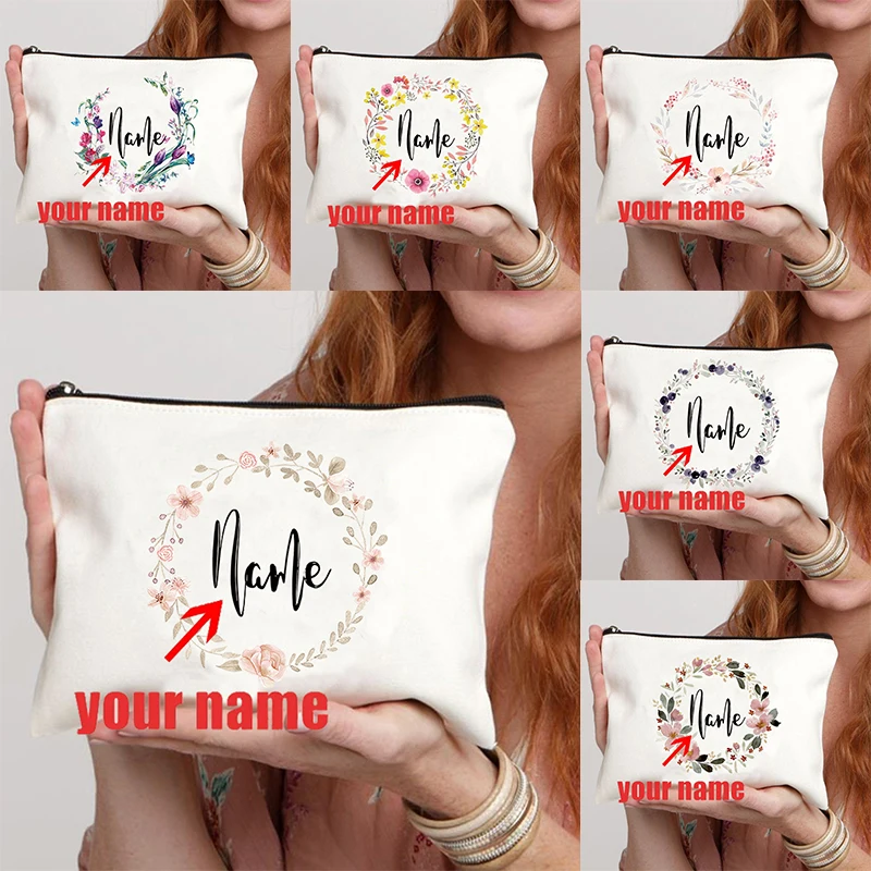 Bolsa de maquillaje personalizada con nombre Floral, estética personalizada con nombre, el mejor regalo para profesores de dama de honor, estuche de cosméticos, bolsas de aseo