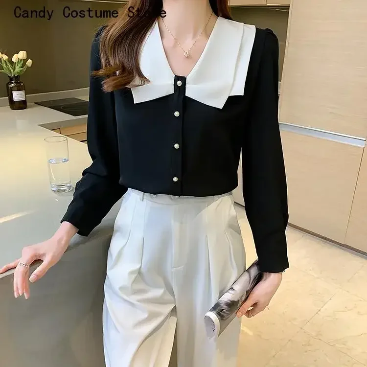 

Women's Elegant Single-Breasted Blouses, OL Shirts, Office Wear, Work Tops, Simple, Elegant, Korean, Loose, Casual, New, Autumn